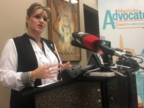 Manitoba Advocate For Children And Youth Daphne Penrose addresses a news conference in Winnipeg, Friday, Oct.19, 2018. Penrose says an Indigenous teenager who died after struggling with addiction did not get the help he needed. THE CANADIAN PRESS/Steve Lambert