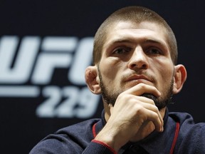 Khabib Nurmagomedov speaks during a news conference for the UFC 229 mixed martial arts bouts Thursday, Oct. 4, 2018, in Las Vegas. Nurmagomedov is scheduled to fight Conor McGregor on Saturday in Las Vegas.