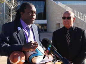 Mayoral candidate Don Woodstock is joined by former Assembly of Manitoba Chiefs grand chief Ron Evans at a press conference on Thursday, Oct. 18, 2018. Woodstock says he would change city hiring processes to ensure the portion of Indigenous employees among city workers increases to reflect the community's overall population in the city. JOYANNE PURSAGA/WINNIPEG SUN