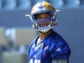 Jovan Santos-Knox smiles during Winnipeg Blue Bombers practice.