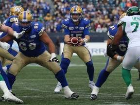 Winnipeg Blue Bombers QB Matt Nichols takes the snap near the Saskatchewan Roughriders goal-line during CFL action in Winnipeg on Sat., Sept. 8, 2018. Kevin King/Winnipeg Sun/Postmedia Network