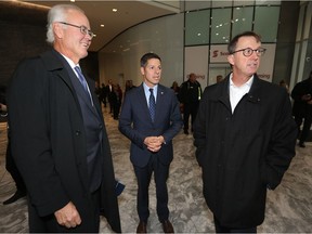From the left; Hartley Richardson, Mayor Brian Bowman, and Mark Chipman at the True North Square official opening last month.