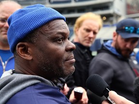 Defensive co-ordinator Richie Hall speaks with media after Winnipeg Blue Bombers practice on Tuesday.
