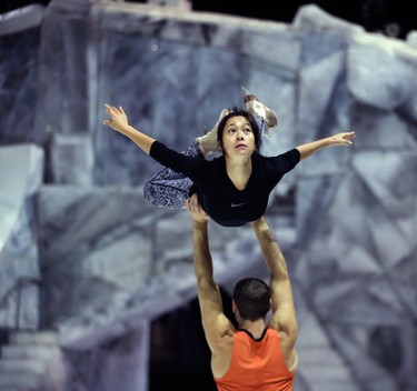 Skaters rehearse for Crystal, a Cirque du Soleil production that combines aerial acrobatics with figure skating, at Bell MTS Place in Winnipeg on Wed., Oct. 3, 2018. The show runs from Oct. 3-7. Kevin King/Winnipeg Sun/Postmedia Network