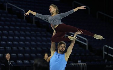 Skaters rehearse for Crystal, a Cirque du Soleil production that combines aerial acrobatics with figure skating, at Bell MTS Place in Winnipeg on Wed., Oct. 3, 2018. The show runs from Oct. 3-7. Kevin King/Winnipeg Sun/Postmedia Network