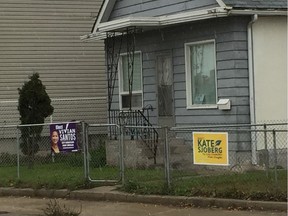 Election signs for Point Douglas candidates Vivian Santos and Kate Sjoberg are seen on Friday, Oct. 5, 2018 in Winnipeg. Winnipeggers go to the polls on Oct. 24, 2018.