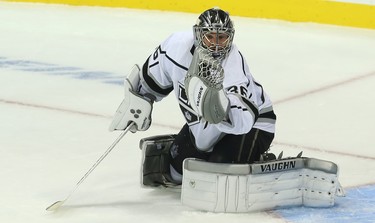 Los Angeles Kings goaltender Jack Campbell makes a glove save against the Jets in Winnipeg on Tues., Oct. 9, 2018. Kevin King/Winnipeg Sun/Postmedia Network