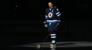 Winnipeg Jets captain Blake Wheeler is introduced to the crowd before the team's home opener against the Los Angeles Kings in Winnipeg on Tues., Oct. 9, 2018. Kevin King/Winnipeg Sun/Postmedia Network