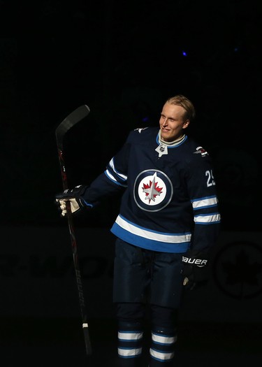 Winnipeg Jets forward Patrik Laine is introduced to the crowd before the team's home opener against the Los Angeles Kings in Winnipeg on Tues., Oct. 9, 2018. Kevin King/Winnipeg Sun/Postmedia Network
