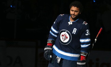 Winnipeg Jets defenceman Dustin Byfuglien is introduced to the crowd before the team's home opener against the Los Angeles Kings in Winnipeg on Tues., Oct. 9, 2018. Kevin King/Winnipeg Sun/Postmedia Network