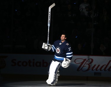 Winnipeg Jets goaltender Connor Hellebuyck is introduced to the crowd before the team's home opener against the Los Angeles Kings in Winnipeg on Tues., Oct. 9, 2018. Kevin King/Winnipeg Sun/Postmedia Network
