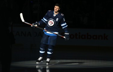 Winnipeg Jets centre Mark Scheifele is introduced to the crowd before the team's home opener against the Los Angeles Kings in Winnipeg on Tues., Oct. 9, 2018. Kevin King/Winnipeg Sun/Postmedia Network