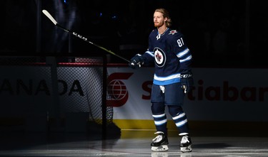 Winnipeg Jets forward Kyle Connor is introduced to the crowd before the team's home opener against the Los Angeles Kings in Winnipeg on Tues., Oct. 9, 2018. Kevin King/Winnipeg Sun/Postmedia Network