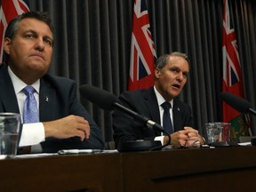 Justice Minister Cliff Cullen, Health Minister Cameron Friesen, and Trade Minister Blaine Pedersen (from left) speak to the province's readiness for cannabis legalization at the Manitoba Legislative Building in Winnipeg on Wed., Oct. 10, 2018. Kevin King/Winnipeg Sun/Postmedia Network