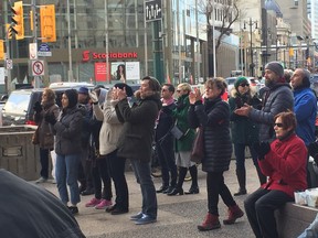 Winnipeggers braved the October cold during OpenFest at the Richardson Plaza at Winnipeg's iconic Portage and Main intersection, a free festival of local musicians, artists, food and drinks organized by Vote Open Winnipeg on Saturday, four days before Winnipeggers vote in a plebiscite on whether to open the intersection to pedestrians.