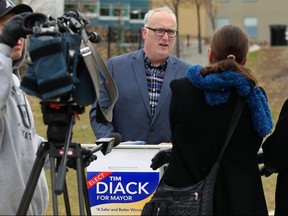 Mayoral candidate Tim Diack speaks during a press conference on public safety, at Central Park in Winnipeg, on Mon., Oct. 22, 2018. Kevin King/Winnipeg Sun/Postmedia Network