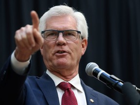 Jim Carr, minister for international trade diversification, speaks about the federal government's carbon-pricing plan at the Richardson College for the Environment and Science Complex at University of Winnipeg on Tues., Oct. 23, 2018. Kevin King/Winnipeg Sun/Postmedia Network