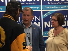Newly-elected Transcona councillor Shawn Nason is interviewed at his campaign headquarters following the 2018 Winnipeg civic election on Wednesday, Oct. 24, 2018, with his wife Jennifer Maw by his side. Maw has self-isolated herself after returning from a cruise with symptoms of the novel coronavirus.