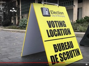 Screenshot off City of Winnipeg video on Election Preparations for the 2018 Winnipeg civic election held on Oct. 24, 2018, showing voting location signs.