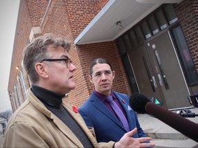 Manitoba Liberal leader Dougald Lamont (left) and Winnipeg Centre MP Robert-Falcon Ouellette speak with the media outside Weston School on Logan Avenue in Winnipeg on Saturday, Oct. 27, 2018. Lamont and Ouellette are calling on the Pallister government to clean up what they are calling a "mess" surrounding lead contamination across the city of Winnipeg. Scott Billeck/Winnipeg Sun/Postmedia Network