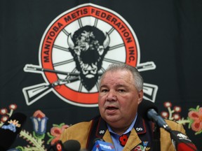 Manitoba Metis Federation president David Chartrand speaks at a press conference at the MMF office on Henry Street in Winnipeg on Wed., Oct. 31, 2018. Kevin King/Winnipeg Sun/Postmedia Network