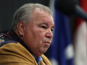 Manitoba Metis Federation president David Chartrand speaks at a press conference at the MMF office on Henry Street in Winnipeg on Wed., Oct. 31, 2018. Kevin King/Winnipeg Sun/Postmedia Network