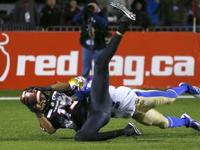 The Blue Bombers' Brandon Alexander can't prevent a touchdown by the Stampeders' Eric Rogers during the West Final at McMahon Stadium on Sunday. (Leah Hennel/Postmedia Network)