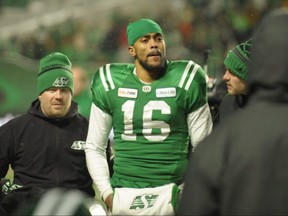 Roughriders quarterback Brandon Bridge is helped off the field after a big hit in the final seconds of second half CFL West Division semifinal action against the Blue Bombers in Regina on Sunday, Nov. 11, 2018.