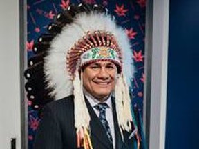 Chief Christian Sinclair, of Opaskwayak Cree Nation (OCN) appears in headdress during the launch of the first META store on Oct. 17 in Winnipeg. In a historic occasion, OCN and National Access Cannabis are set to open first legal recreational cannabis store on First Nations land this week at Otineka Mall, Opaskwayak, Manitoba.
Handout