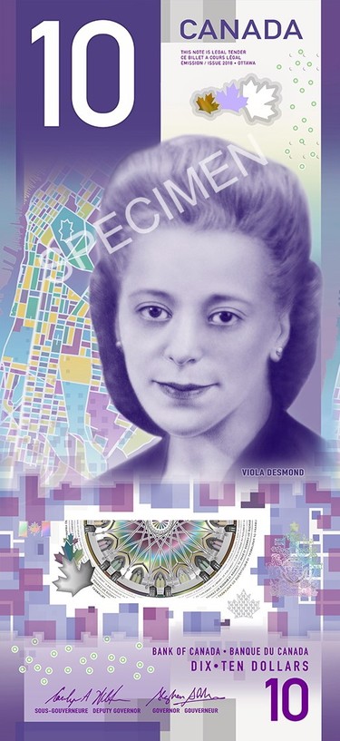 Viola Desmond's trailblazing act of defiance -- overlooked for decades by most Canadians -- was to be honoured Thursday in a Halifax ceremony that cements her new status as a civil rights icon. A sample of the new $10 Canadian bill, featuring civil rights icon Viola Desmond, is seen in this undated handout image from the Bank of Canada. THE CANADIAN PRESS/HO-Bank of Canada, *MANDATORY CREDIT* ORG XMIT: CPT116