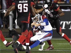 Montreal Alouettes quarterback Johnny Manziel (2) received a concussion from a hard, but clean hit by Ottawa Redblacks cornerback Jonathan Rose (9) during a regular-season on Aug. 11.