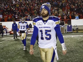 Winnipeg Blue Bombers quarterback Matt Nichols walks off the field after losing to the Calgary Stampeders following the CFL West Final football game in Calgary, Sunday.