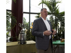 CFL Commissioner Randy Ambrosie talks about the 2018 Grey Cup to a group of people at Postmedia on Thursday, May 31, 2018 in Edmonton.