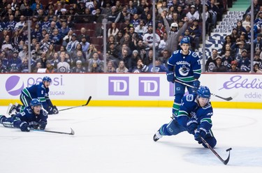 Vancouver Canucks' Ben Hutton (27) prevents the puck from entering the empty net as Bo Horvat (53), Derrick Pouliot (5) and Nikolay Goldobin (77), of Russia, watch during the third period of an NHL hockey game against the Winnipeg Jets in Vancouver, on Monday November 19, 2018. THE CANADIAN PRESS/Darryl Dyck