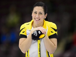 Manitoba second Jill Officer smiles while taking on B.C. at the Scotties Tournament of Hearts in Penticton, B.C., on Thursday, Feb. 1, 2018. (THE CANADIAN PRESS/Sean Kilpatrick)