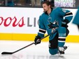 San Jose Sharks defenceman Erik Karlsson warms up for the team's NHL preseason hockey game against the Calgary Flames in San Jose, Calif. Thursday, Sept. 27, 2018.