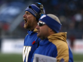 Blue Bombers head coach Mike O’Shea yells instructions to his team during the West semifinal against the Edmonton Eskimos 
in Winnipeg in 2017. (KEVIN KING/WINNIPEG SUN FILE)