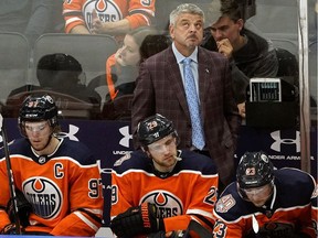 Edmonton Oilers head coach Todd McLellan looks up in frustration as he watched his team go down to defeat 6-3 against the Vegas Golden Knights in Edmonton on Sunday November 18, 2018.