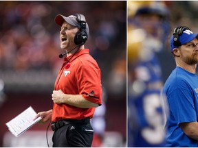 Calgary Stampeders head coach Dave Dickenson says he apologized to Winnipeg Blue Bombers head coach Mike O'Shea after been caught on camera during yesterday's  West Final hurling an expletive regarding Canadians O'Shea's way during the game. Photos: The Canadian Press
