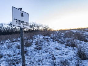 MCLEAN, SASK : December 20, 2017 - A No Trespassing sign at the edge of a field near the town. MICHAEL BELL / Regina Leader-Post.