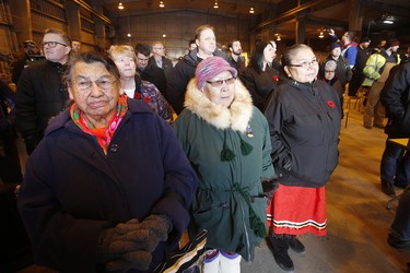 Inuit elders listen as Prime Minister Justin Trudeau announces the opening of the repaired railway in Churchill, Manitoba Thursday, November 1, 2018. Prime Minister Justin Trudeau visited Churchill today to announce the opening of the railway and the Port of Churchill. THE CANADIAN PRESS/John Woods