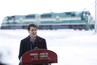 Prime Minister Justin Trudeau announces the opening of the repaired railway in Churchill, Manitoba Thursday, November 1, 2018. Prime Minister Justin Trudeau visited Churchill today to announce the opening of the railway and the Port of Churchill. THE CANADIAN PRESS/John Woods