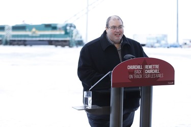 Murad Al-Katib, President of Arctic Gateway, speaks to a crowd in Churchill, Manitoba Thursday, November 1, 2018. Prime Minister Justin Trudeau visited Churchill today to announce the opening of the railway and the Port of Churchill. THE CANADIAN PRESS/John Woods