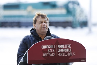 Churchill Mayor Mike Spence speaks to a crowd in Churchill, Manitoba Thursday, November 1, 2018. Prime Minister Justin Trudeau visited Churchill today to announce the opening of the railway and the Port of Churchill. THE CANADIAN PRESS/John Woods