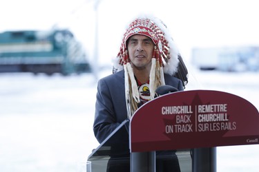 Arland Dumas, Grand Chief of Manitoba, speaks to a crowd in Churchill, Manitoba Thursday, November 1, 2018. Prime Minister Justin Trudeau visited Churchill today to announce the opening of the railway and the Port of Churchill. THE CANADIAN PRESS/John Woods