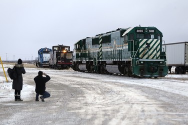 The first train in 18 months to arrive on a repaired line is photographed in Churchill, Manitoba Thursday, November 1, 2018. Prime Minister Justin Trudeau visited Churchill today to announce the opening of the railway and the Port of Churchill. THE CANADIAN PRESS/John Woods