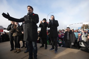 Prime Minister Justin Trudeau announces to the residents the opening of the repaired railway in Churchill, Manitoba Thursday, November 1, 2018. Prime Minister Justin Trudeau visited Churchill today to announce the opening of the railway and the Port of Churchill. THE CANADIAN PRESS/John Woods