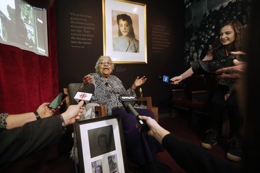 Wanda Robson, Viola Desmond's sister, speaks to media about her sister and Canada's new $10 banknote, which has a portrait of Desmond, the first Canadian woman on a banknote, at the Canadian Museum For Human Rights in Winnipeg, Monday, Nov. 19, 2018. Bank of Canada Governor Stephen Poloz and Robson, officially launched the unique, vertically oriented purple bill. THE CANADIAN PRESS/John Woods