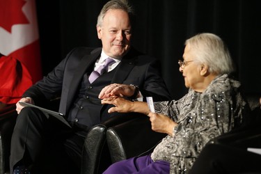 Bank of Canada Governor Stephen Poloz listens as Wanda Robson, Viola Desmond's sister, speaks at a launch of Canada's new $10 banknote, which has a portrait of Desmond, the first Canadian woman on a banknote, at the Canadian Museum For Human Rights in Winnipeg, Monday, Nov. 19, 2018. Poloz and Desmond's sister, Wanda Robson, officially launched the unique, vertically oriented purple bill. THE CANADIAN PRESS/John Woods