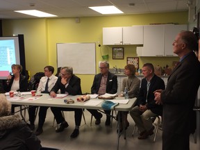 Manitoba Liberal Health Critic and MLA for River Heights, Jon Gerrard (far right), hosted a community forum to discuss how the Provincial Government can best optimize the health of Manitobans by preventing specific medical conditions including diabetes, HIV-AIDS, and mental and brain illnesses at the Sir John Franklin Community Centre in Winnipeg on Sunday, Nov. 18, 2018. (Left to right) Guest speakers were Jane Meagher, Robyn Priest, Michael McMullen, Neil Johnston, Dr. Margaret England and Dr. Paul Sandstrom.